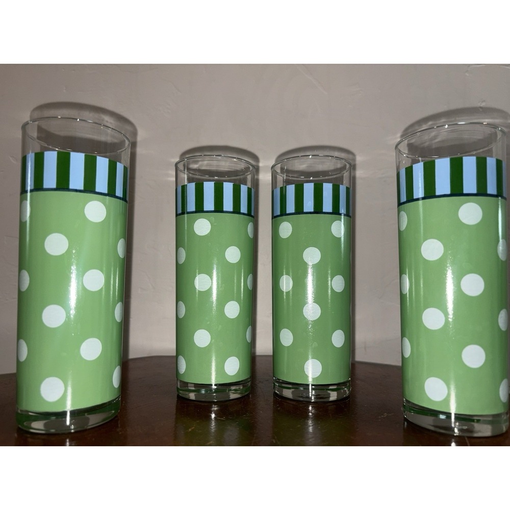 4 GAIL PITTMAN Provence Tom Collins Highball Glasses Green Polka Dot & Stripe